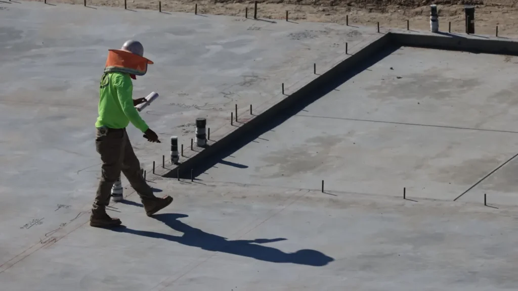 Ouvrier du bâtiment sur une dalle de béton, plans à la main