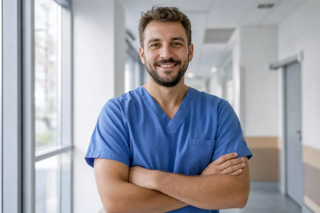 Infirmier souriant dans un couloir d’hôpital