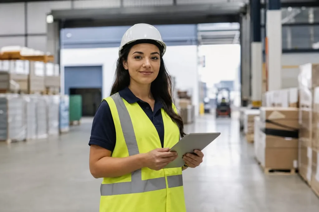 Responsable logistique avec casque et tablette dans un entrepôt